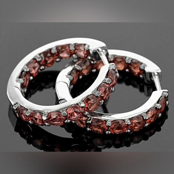 925 Silver Platinum Rhodium Plated Natural Red Garnet Hoop Earrings 6.57 CTW - Picture 2 of 5